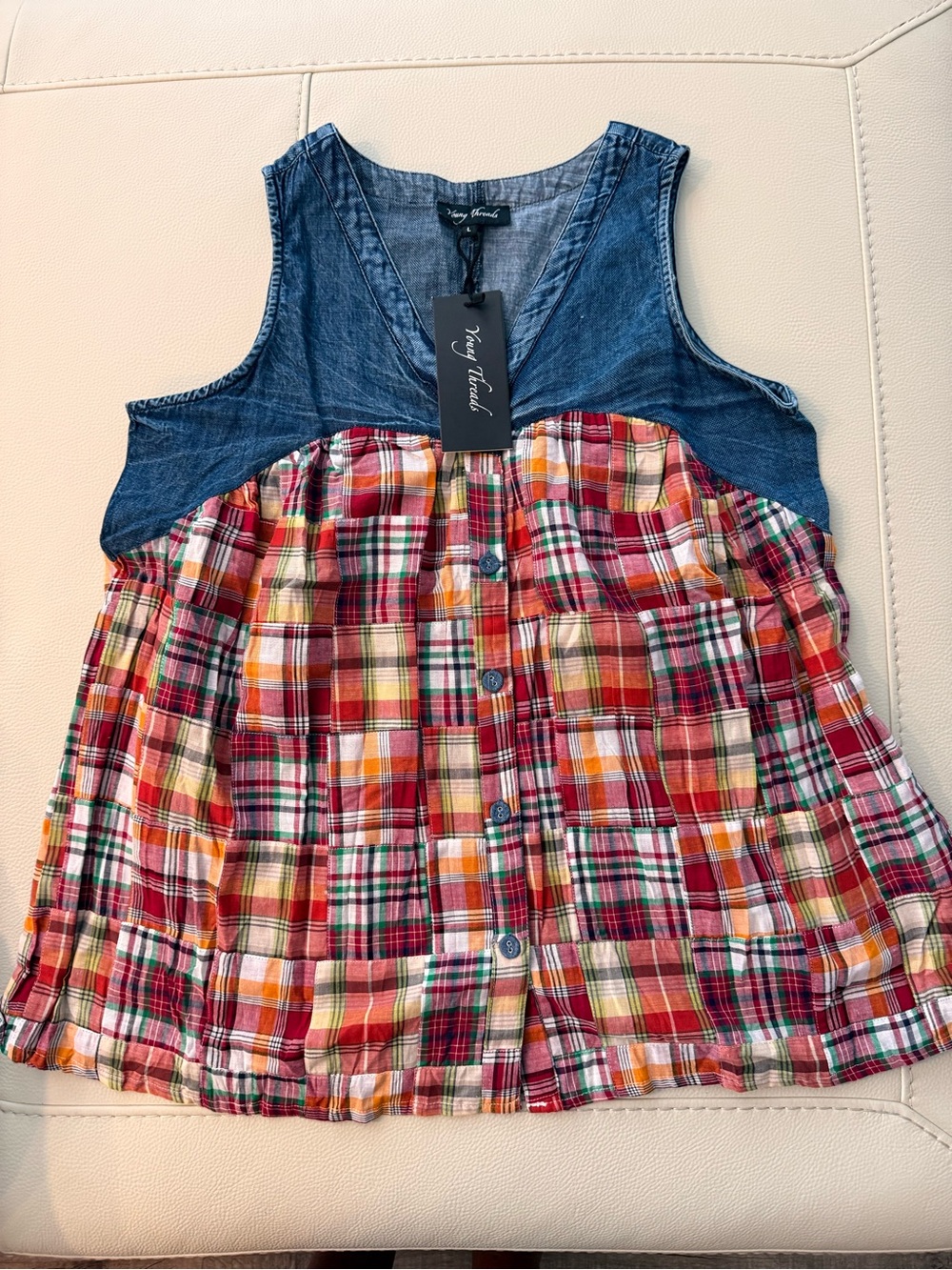 Kissy Kandy Girls' Denim Yoke Red Plaid Button-Front Tank